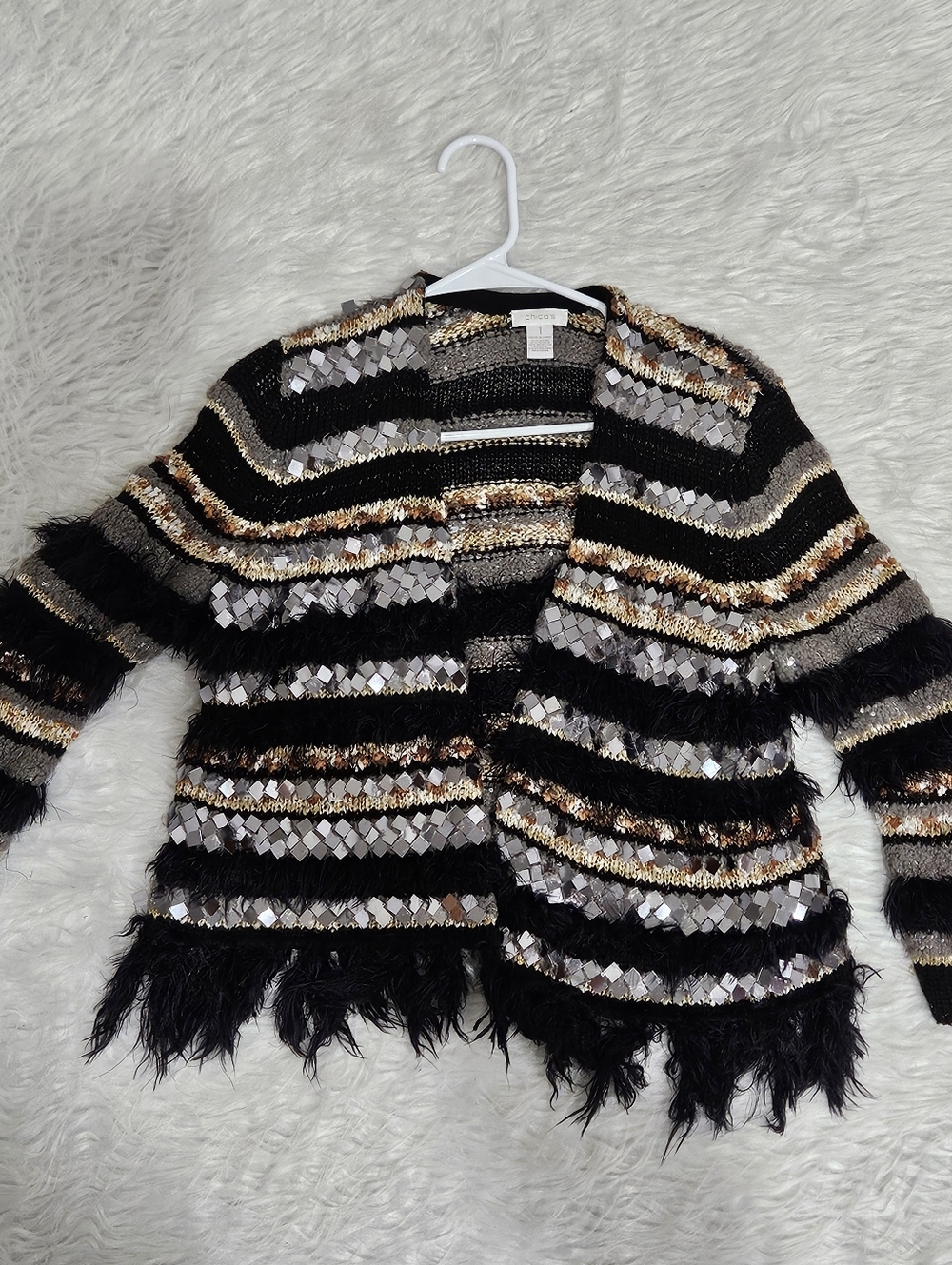 Chico's Black Sweater Cardigan with Gold and Silver Sequin Stripes